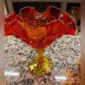 Ruffled Carnival Glass Compote - Red and Amber